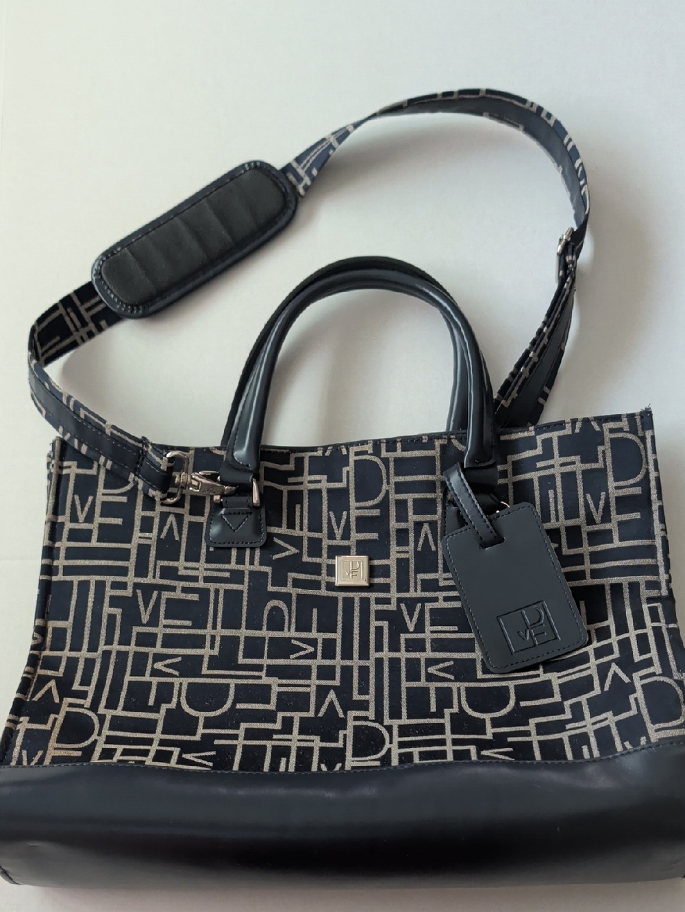 Diane Von Furstenberg Navy and Beige Logo Tote with Shoulder Strap
